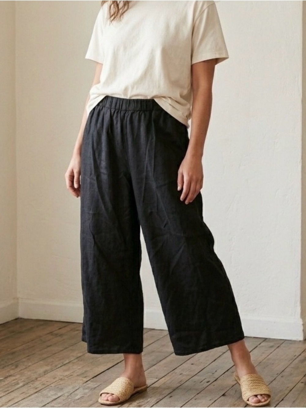 Eileen Fisher Organic Linen Wide-Leg Crop Pants Black Size M